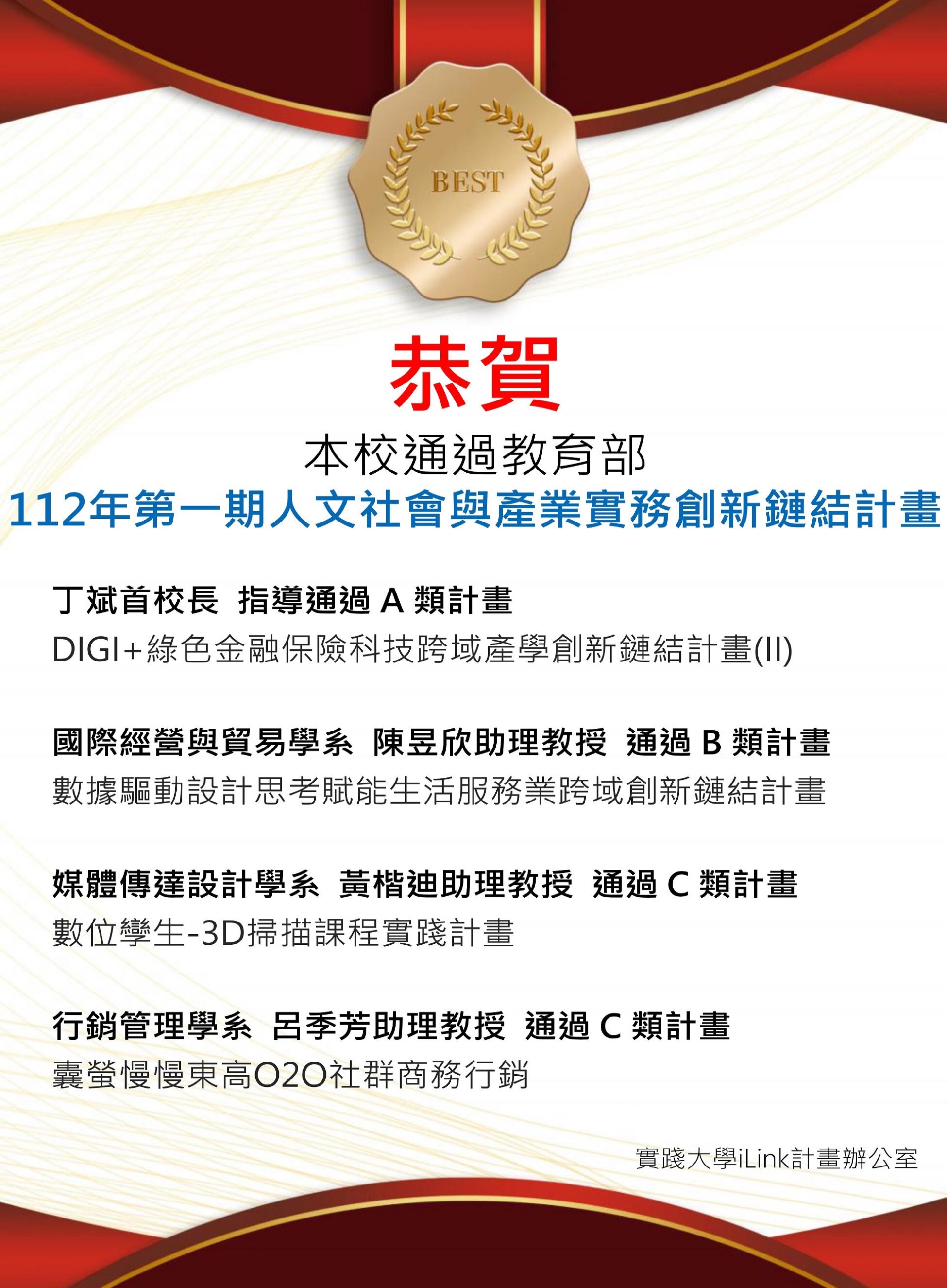 【恭賀】本校通過教育部112年第一期人文社會與產業實務創新鏈結計畫