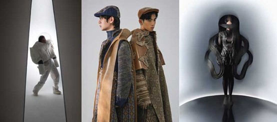 實踐大學服裝設計學系2025畢業生精選作品實驗組，設計師施孜穎作品主題「無居沉淪 漂浮無聲」（左）、設計師陳立越作品主題「育我如母」（中）、設計師趙柏騫作品主題「重力臨界」（右）。（實踐大學提供）